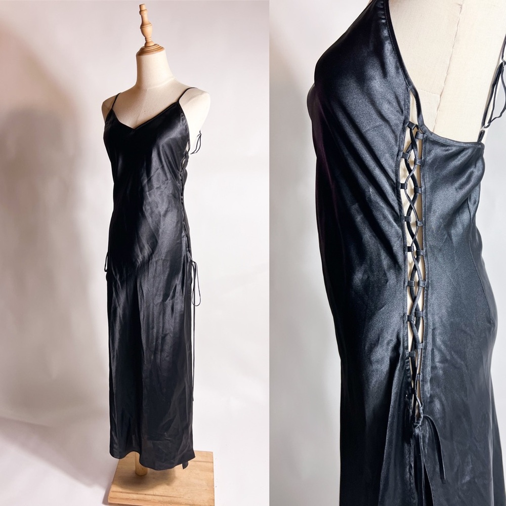 Y2K VICTORIA SECRET Lace Up Black Long Chemise Slip Dress Black Small